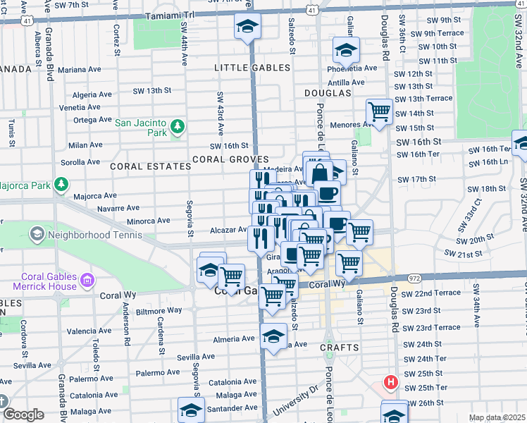 map of restaurants, bars, coffee shops, grocery stores, and more near 354 Minorca Avenue in Coral Gables