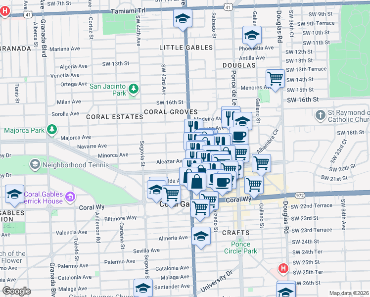 map of restaurants, bars, coffee shops, grocery stores, and more near 415 Minorca Avenue in Coral Gables