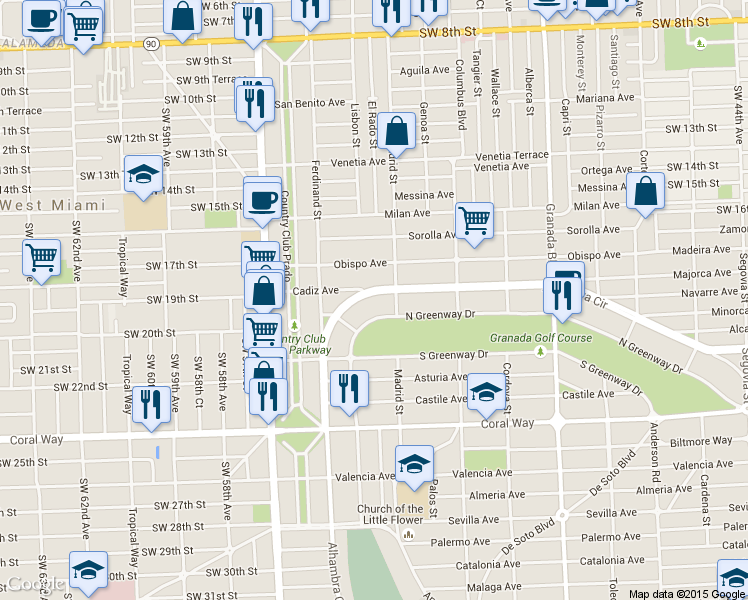 map of restaurants, bars, coffee shops, grocery stores, and more near 1334 Alhambra Circle in Coral Gables