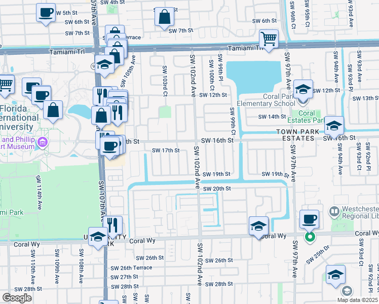 map of restaurants, bars, coffee shops, grocery stores, and more near 1704 Southwest 102nd Court in Miami
