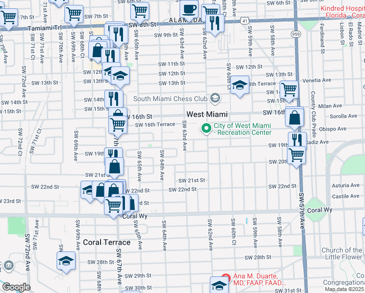 map of restaurants, bars, coffee shops, grocery stores, and more near 1820 Southwest 63rd Avenue in Miami