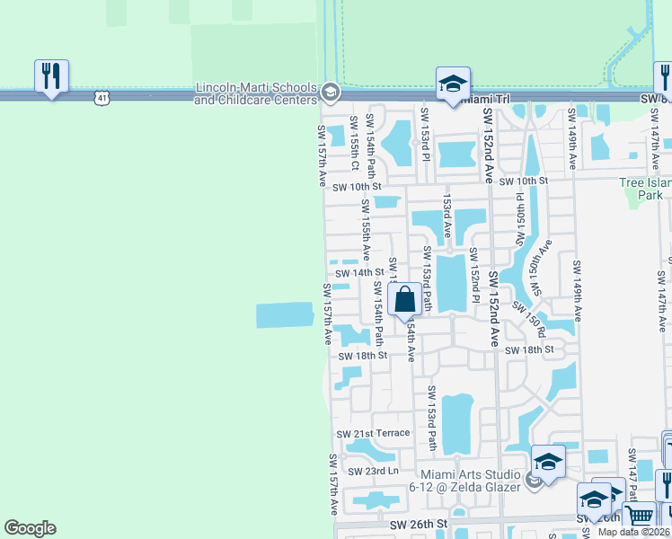 map of restaurants, bars, coffee shops, grocery stores, and more near 15635 Southwest 14th Street in Miami