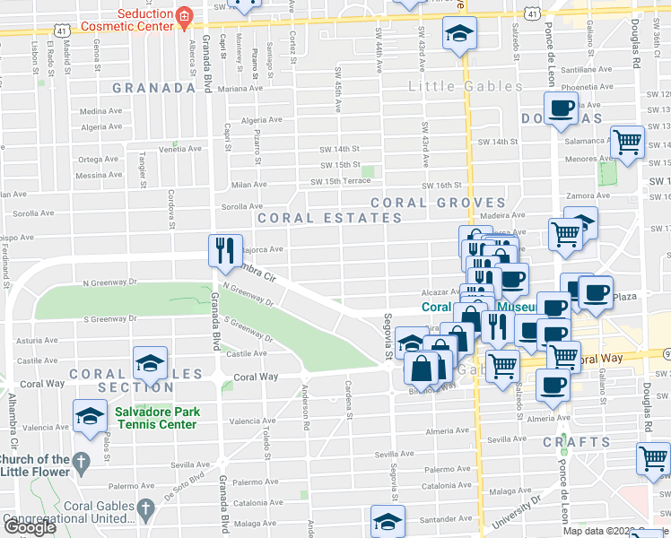 map of restaurants, bars, coffee shops, grocery stores, and more near 704 Navarre Avenue in Coral Gables