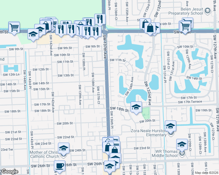 map of restaurants, bars, coffee shops, grocery stores, and more near 1506 Southwest 136th Place in Miami