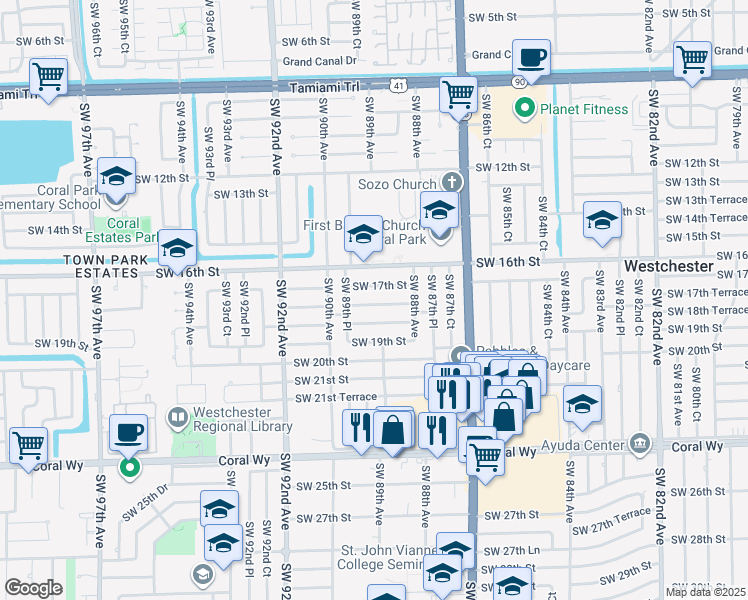 map of restaurants, bars, coffee shops, grocery stores, and more near 8901 Southwest 17th Terrace in Miami