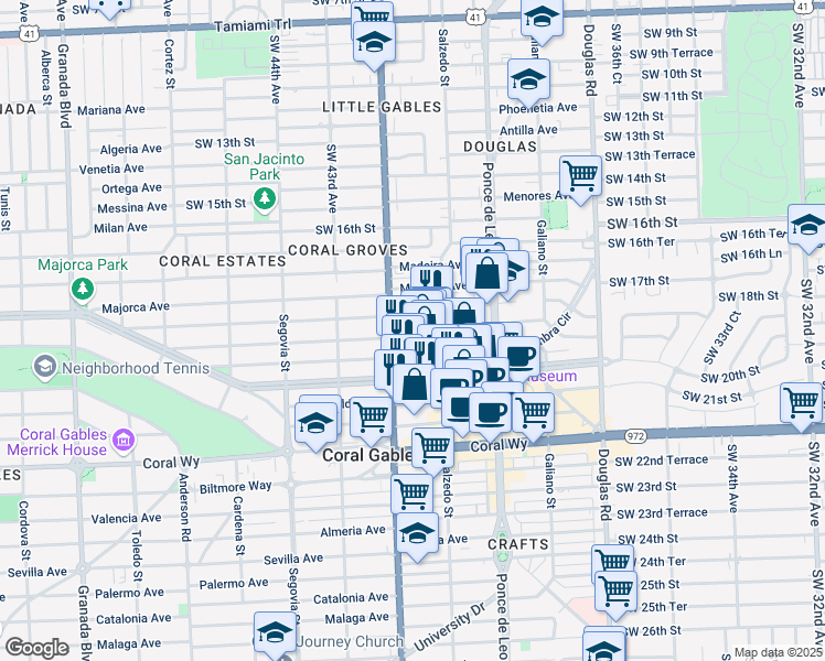 map of restaurants, bars, coffee shops, grocery stores, and more near 354 Minorca Ave in Coral Gables