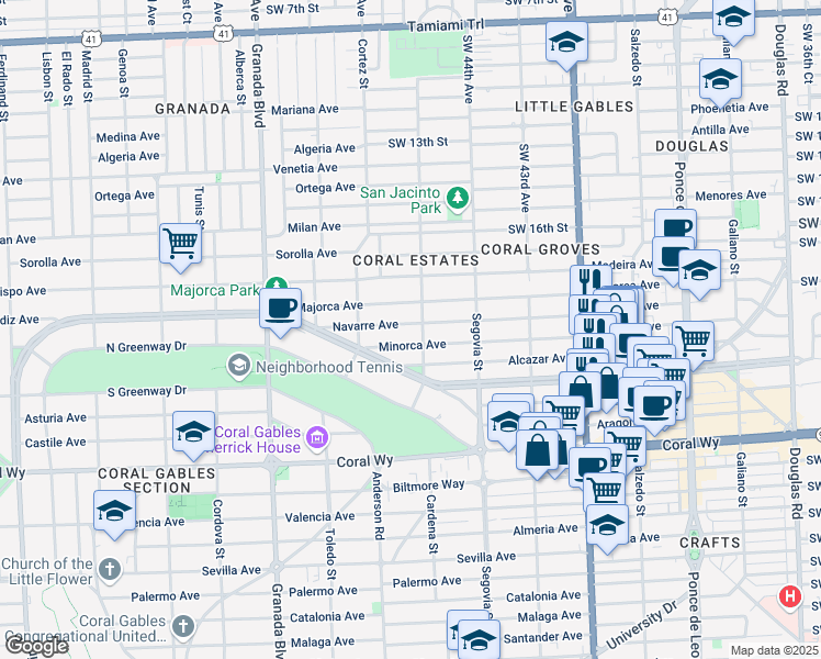 map of restaurants, bars, coffee shops, grocery stores, and more near 704 Navarre Avenue in Coral Gables