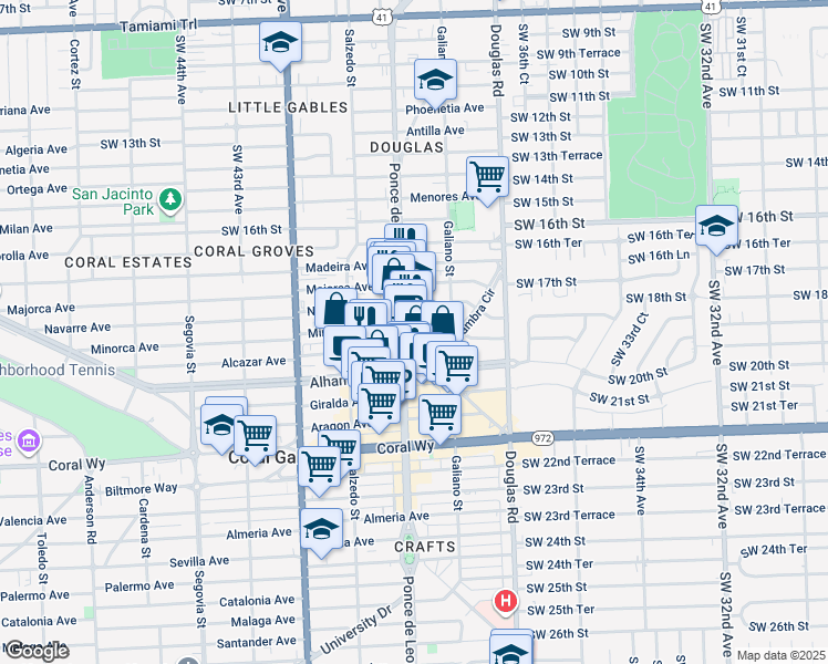 map of restaurants, bars, coffee shops, grocery stores, and more near 2109 Ponce De Leon Boulevard in Coral Gables