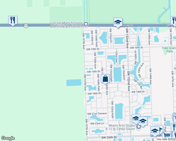 map of restaurants, bars, coffee shops, grocery stores, and more near 15635 Southwest 14th Street in Miami