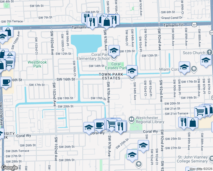 map of restaurants, bars, coffee shops, grocery stores, and more near 1700 Southwest 97th Avenue in Miami