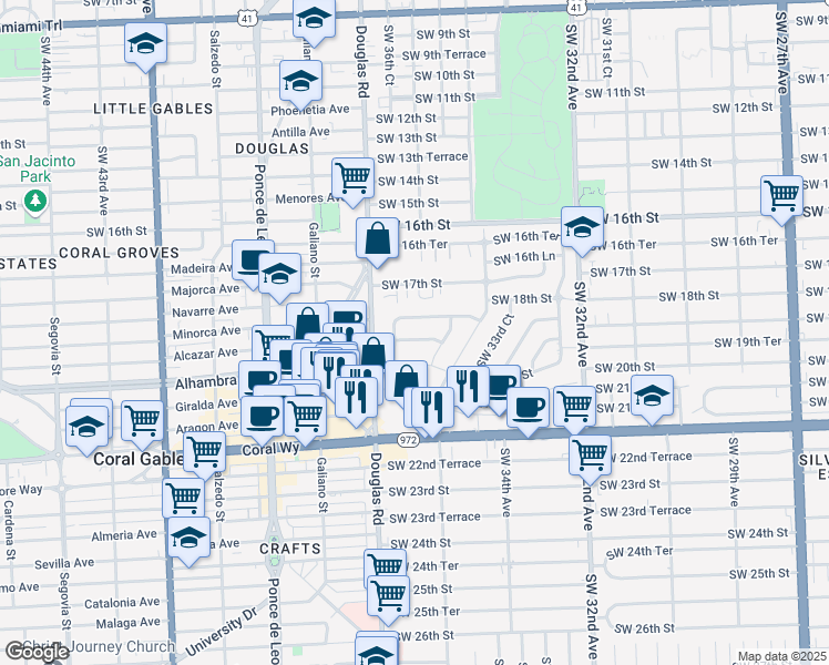 map of restaurants, bars, coffee shops, grocery stores, and more near 3661 Southwest 19th Street in Miami