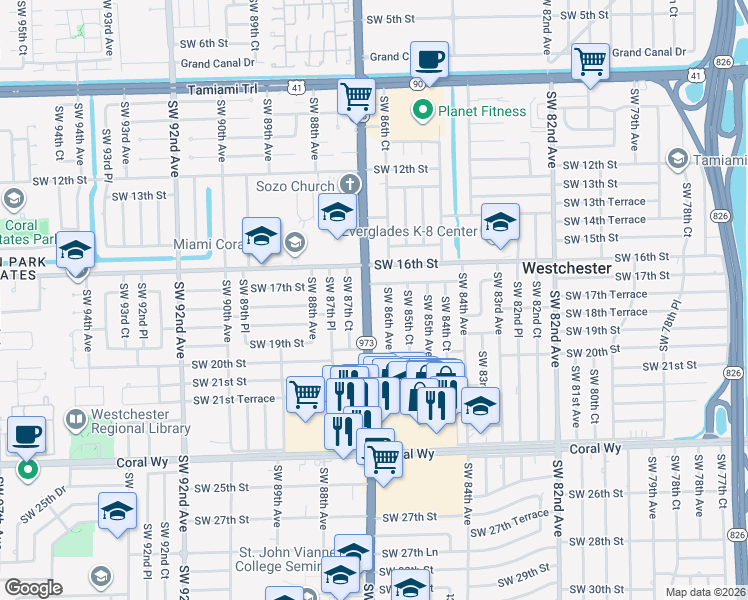 map of restaurants, bars, coffee shops, grocery stores, and more near 1711 Southwest 87th Avenue in Miami
