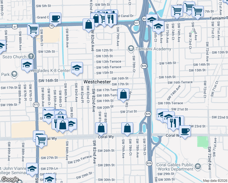map of restaurants, bars, coffee shops, grocery stores, and more near 7910 Southwest 17th Terrace in Miami