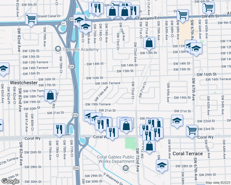 map of restaurants, bars, coffee shops, grocery stores, and more near 7355 SW 19th Street Rd in Miami