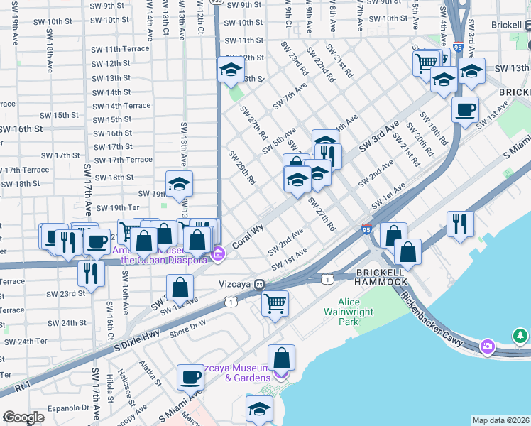 map of restaurants, bars, coffee shops, grocery stores, and more near in Miami
