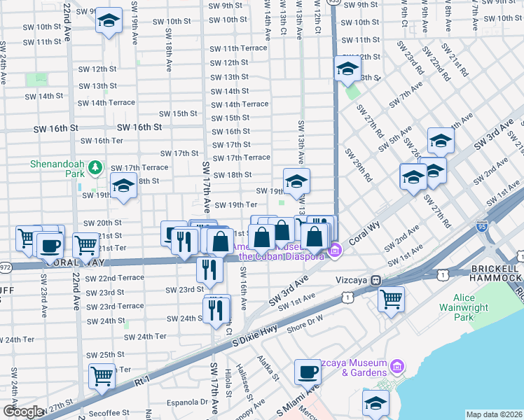 map of restaurants, bars, coffee shops, grocery stores, and more near 1401 Southwest 20th Street in Miami