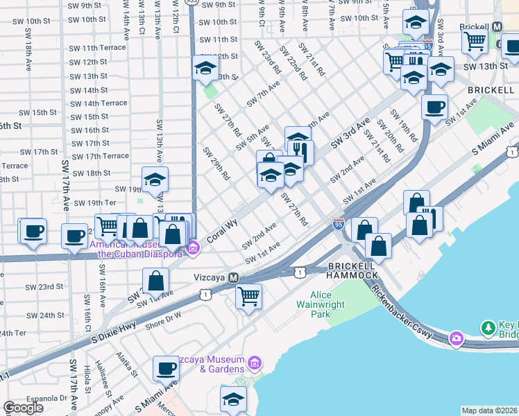 map of restaurants, bars, coffee shops, grocery stores, and more near 236 Southwest 28th Road in Miami