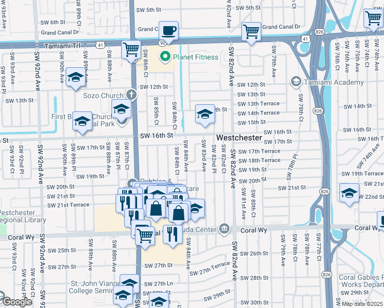 map of restaurants, bars, coffee shops, grocery stores, and more near 1720 Southwest 83rd Court in Miami