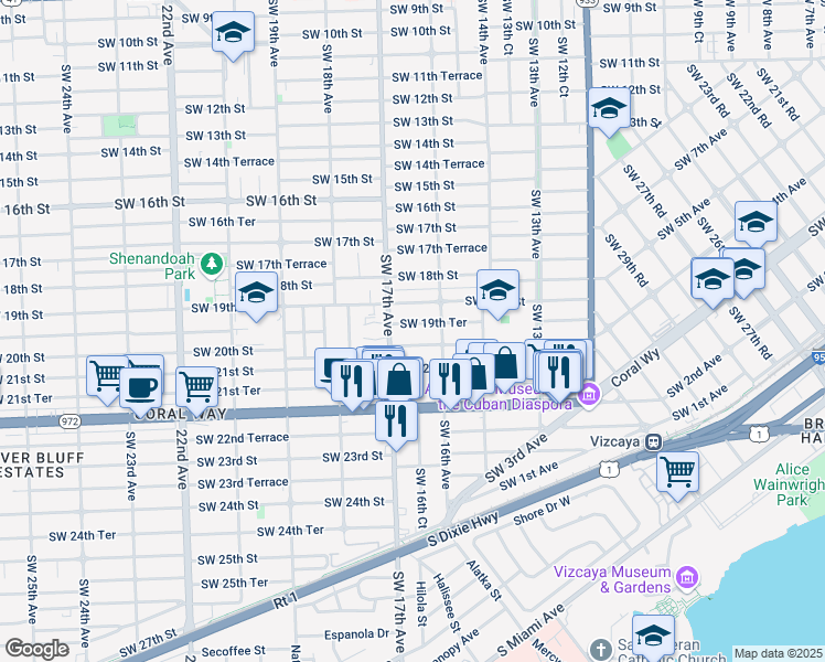 map of restaurants, bars, coffee shops, grocery stores, and more near 1640 Southwest 19th Terrace in Miami