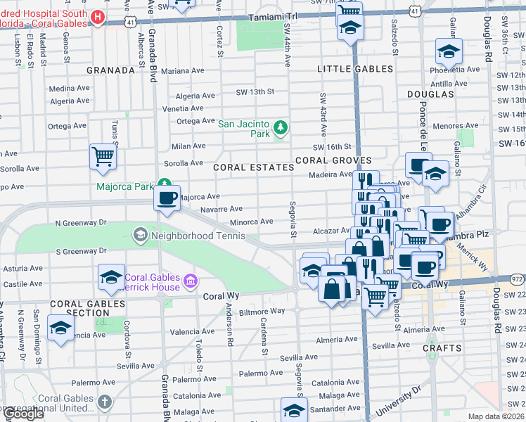 map of restaurants, bars, coffee shops, grocery stores, and more near 704 Navarre Avenue in Coral Gables