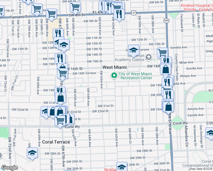 map of restaurants, bars, coffee shops, grocery stores, and more near 1821 Southwest 62nd Place in Miami