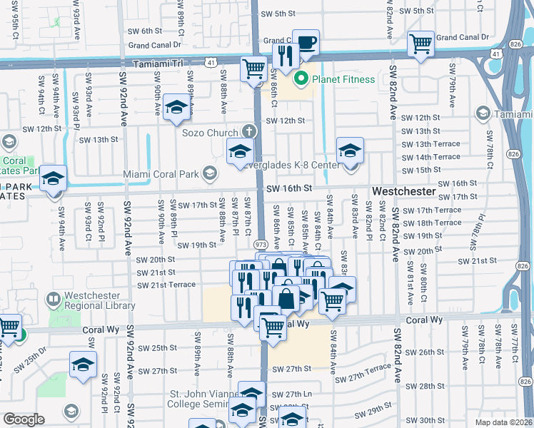 map of restaurants, bars, coffee shops, grocery stores, and more near 1711 Southwest 87th Avenue in Miami