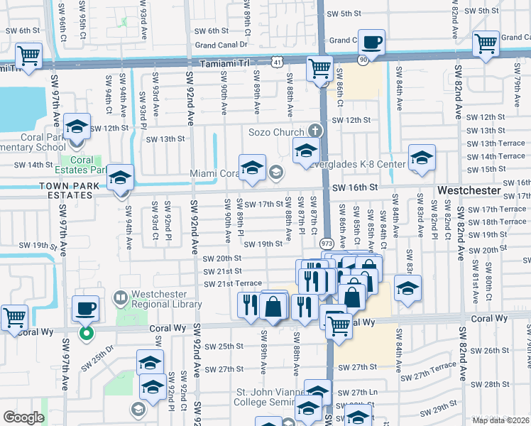 map of restaurants, bars, coffee shops, grocery stores, and more near 8901 Southwest 17th Terrace in Miami