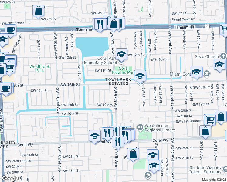 map of restaurants, bars, coffee shops, grocery stores, and more near 1700 Southwest 97th Avenue in Miami