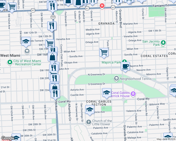 map of restaurants, bars, coffee shops, grocery stores, and more near 1252 Alhambra Circle in Coral Gables