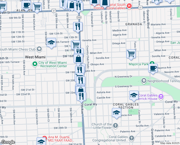 map of restaurants, bars, coffee shops, grocery stores, and more near 1901 Country Club Prado in Coral Gables