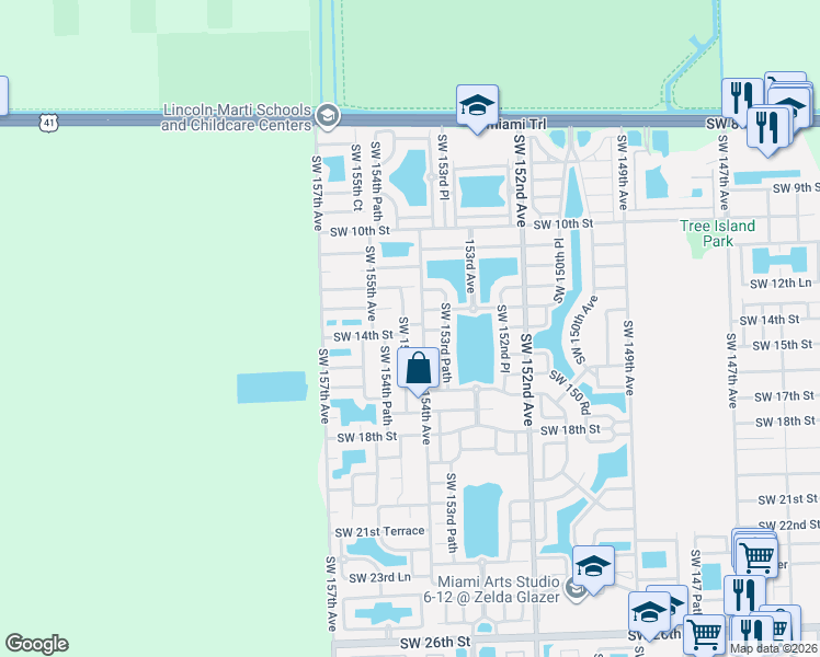 map of restaurants, bars, coffee shops, grocery stores, and more near 1408 Southwest 154th Avenue in Miami