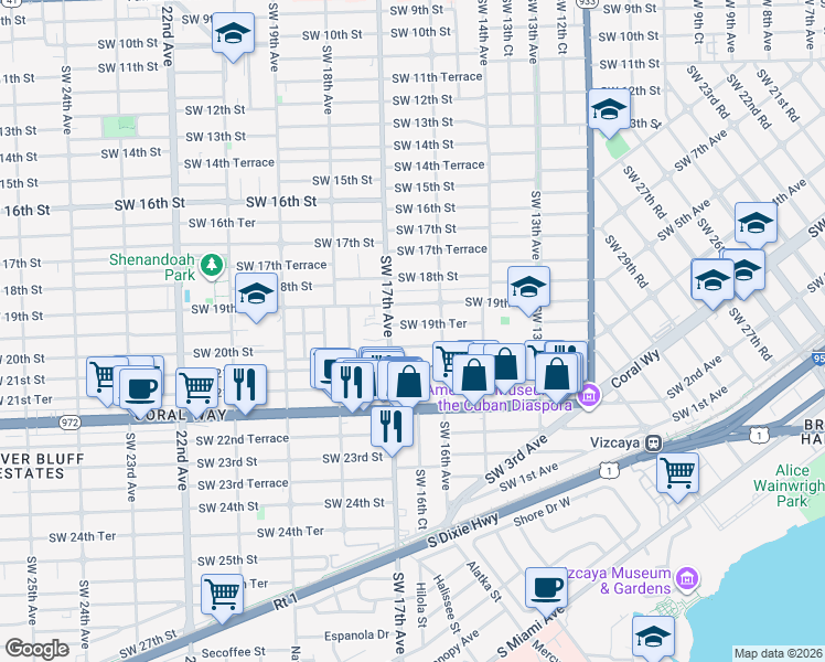 map of restaurants, bars, coffee shops, grocery stores, and more near 1640 Southwest 19th Terrace in Miami
