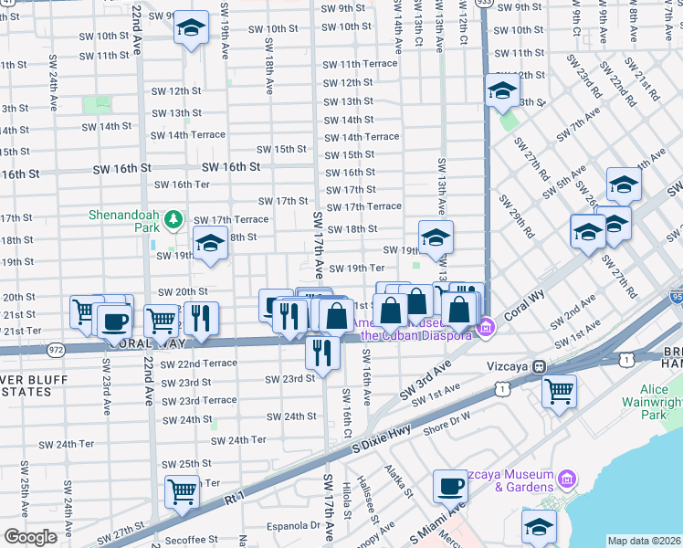 map of restaurants, bars, coffee shops, grocery stores, and more near 1640 Southwest 19th Terrace in Miami