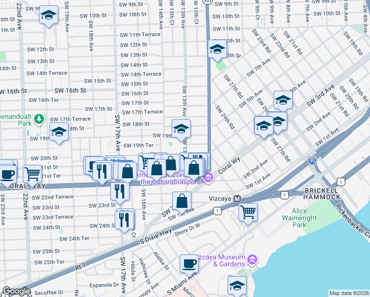 map of restaurants, bars, coffee shops, grocery stores, and more near 3 Southwest 20th Street in Miami