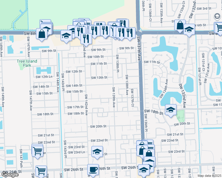 map of restaurants, bars, coffee shops, grocery stores, and more near 1460 Southwest 139th Avenue in Miami