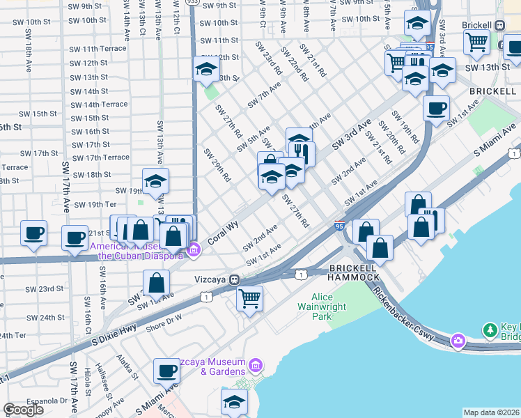 map of restaurants, bars, coffee shops, grocery stores, and more near 236 Southwest 28th Road in Miami
