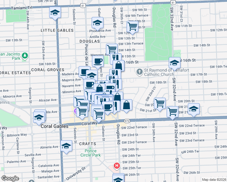 map of restaurants, bars, coffee shops, grocery stores, and more near 1891 Southwest 37th Avenue in Miami