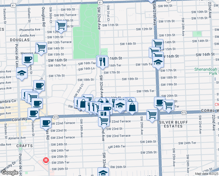 map of restaurants, bars, coffee shops, grocery stores, and more near 3140 Southwest 19th Street in Miami