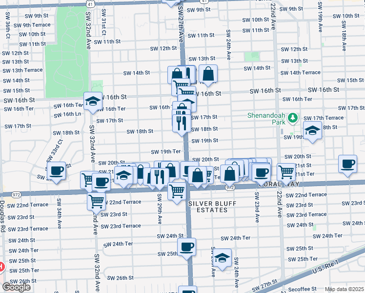 map of restaurants, bars, coffee shops, grocery stores, and more near 1933 Southwest 27th Avenue in Miami