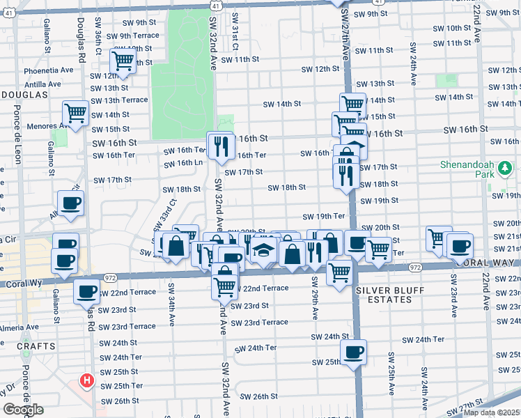 map of restaurants, bars, coffee shops, grocery stores, and more near 3080 Southwest 19th Street in Miami