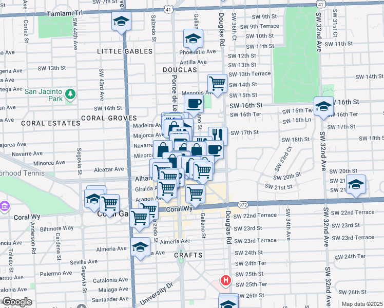 map of restaurants, bars, coffee shops, grocery stores, and more near 130 Minorca Avenue in Coral Gables