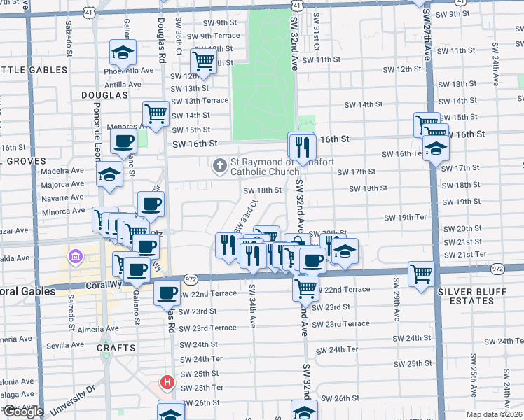 map of restaurants, bars, coffee shops, grocery stores, and more near 1921 Southwest 33rd Avenue in Miami