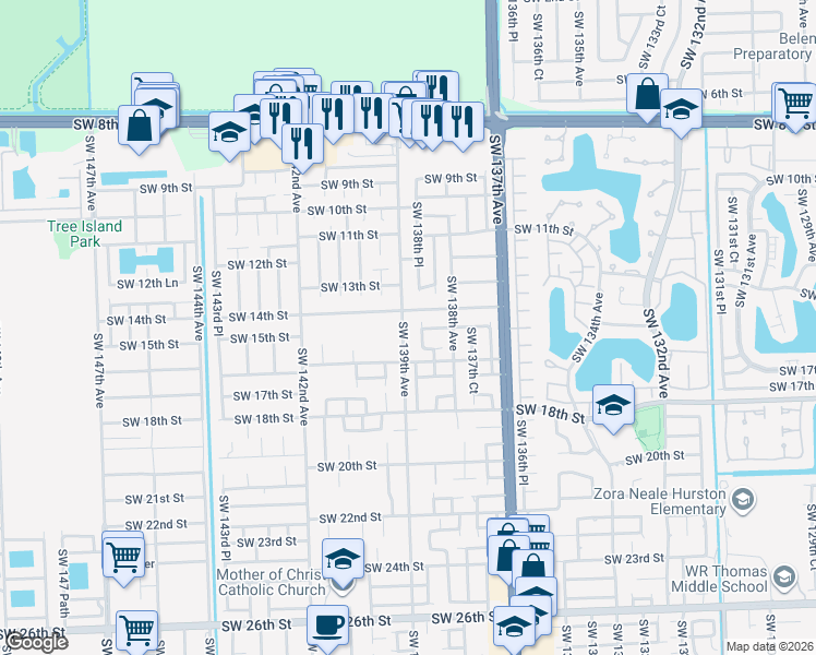 map of restaurants, bars, coffee shops, grocery stores, and more near 1460 Southwest 139th Avenue in Miami