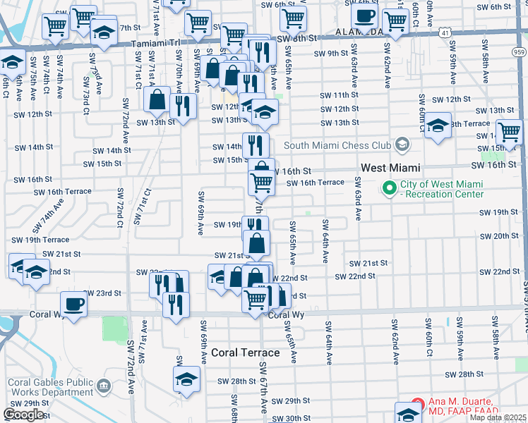 map of restaurants, bars, coffee shops, grocery stores, and more near 1801 Ludlam Road in Miami