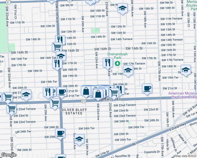 map of restaurants, bars, coffee shops, grocery stores, and more near 2291 Southwest 19th Terrace in Miami