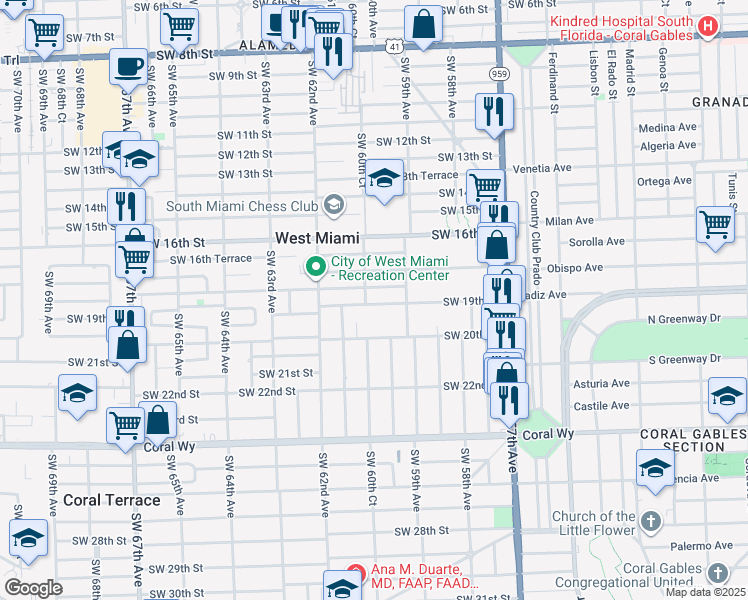 map of restaurants, bars, coffee shops, grocery stores, and more near 6041 Southwest 19th Street in Miami