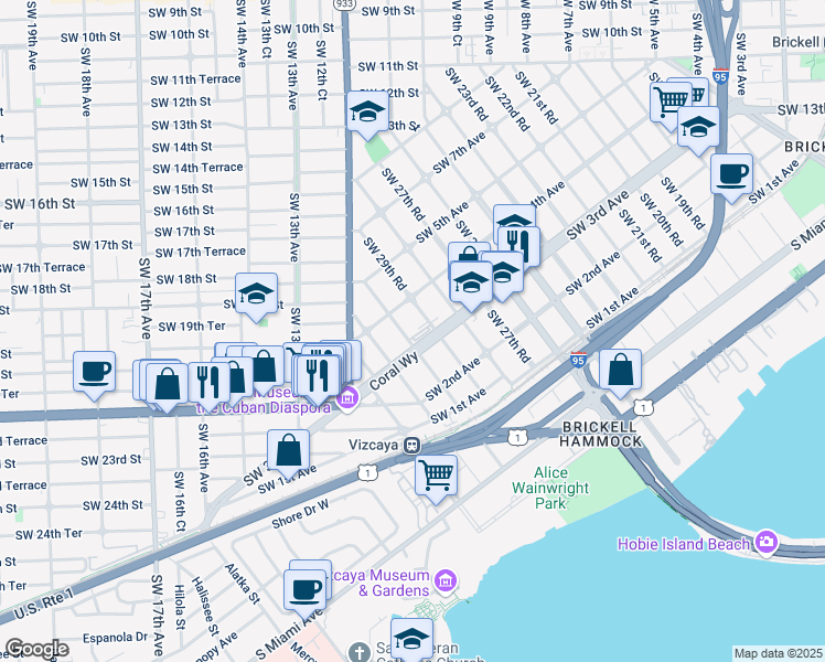 map of restaurants, bars, coffee shops, grocery stores, and more near 344 Southwest 30th Road in Miami