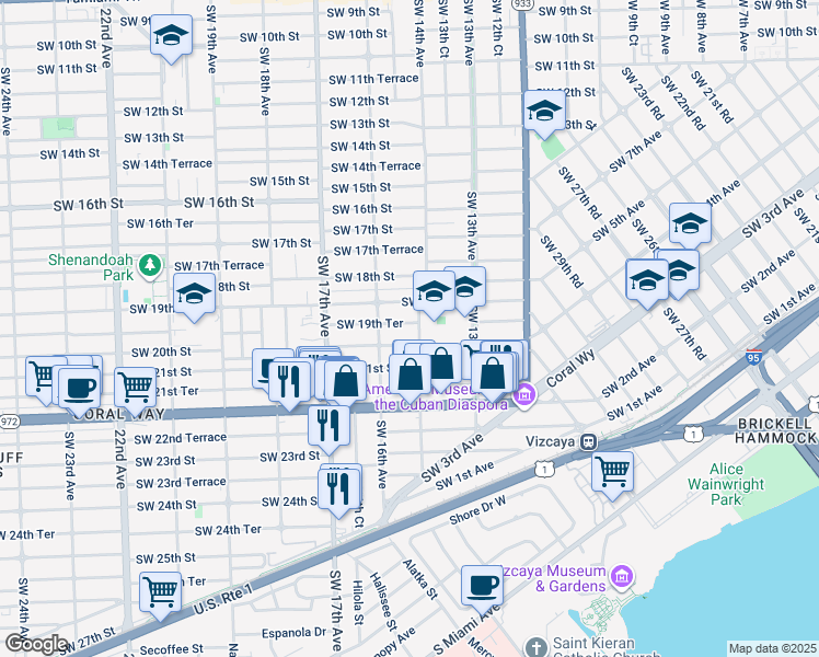map of restaurants, bars, coffee shops, grocery stores, and more near 1401 Southwest 20th Street in Miami