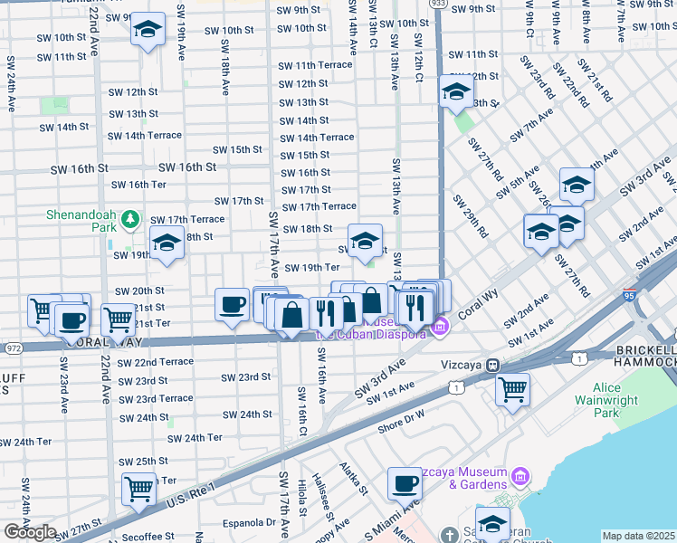 map of restaurants, bars, coffee shops, grocery stores, and more near 1401 Southwest 20th Street in Miami