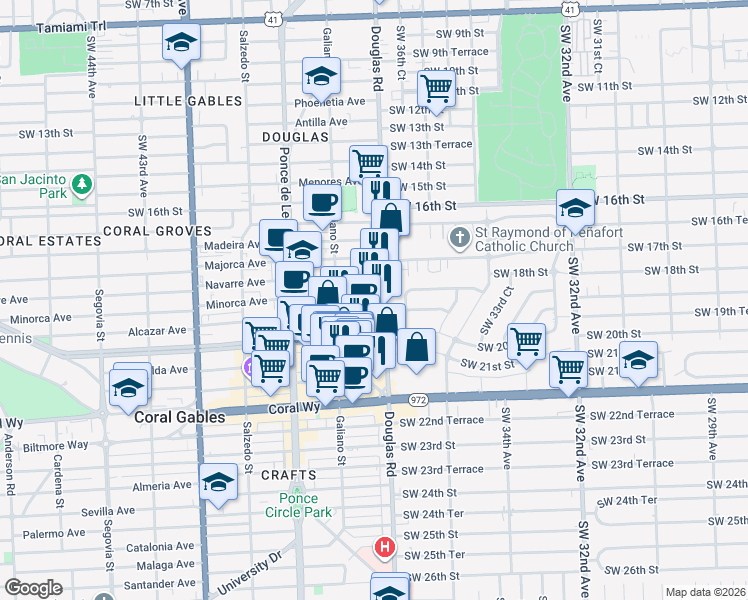 map of restaurants, bars, coffee shops, grocery stores, and more near 1891 Southwest 37th Avenue in Miami
